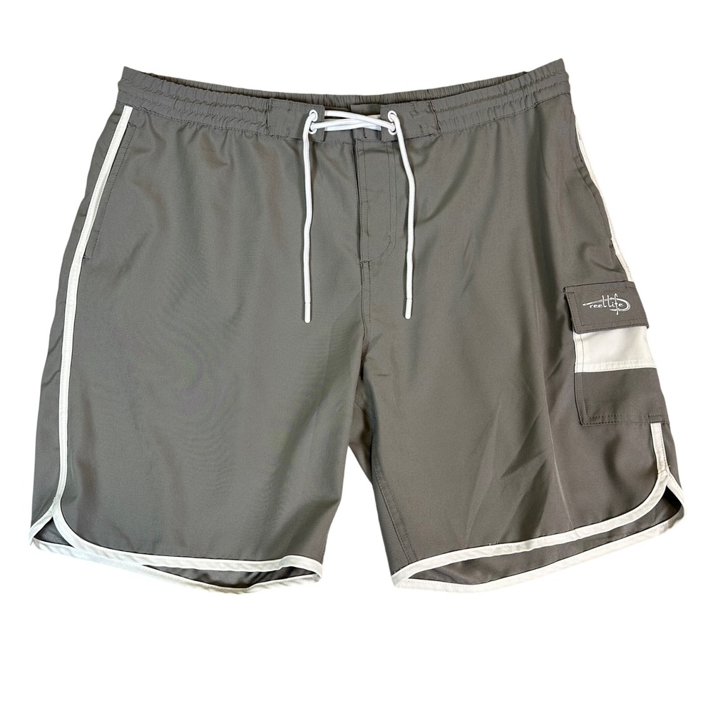 Reel Life Mens XXXL Gray Board Shorts Cargo Pocket Swim Trunks Fishing Stretch